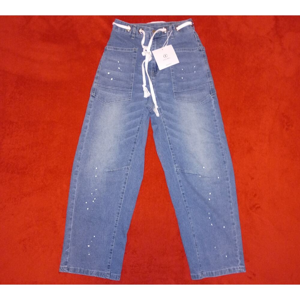 Moxie Pull On Barrel Jeans Paint Splatter Light Wash Womens Pants Sz 2 Cicy Bell